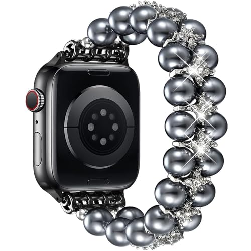 DEALELE Bands Pearl Compatible with Apple Watch 49mm 46mm 45mm 44mm 42mm Bling Diamond Pearl Beads Handmade Elastic Bracelet for iWatch 10 9 8 7 6 5 4 SE Ultra 3 2 1 Women Space gray - Image 1