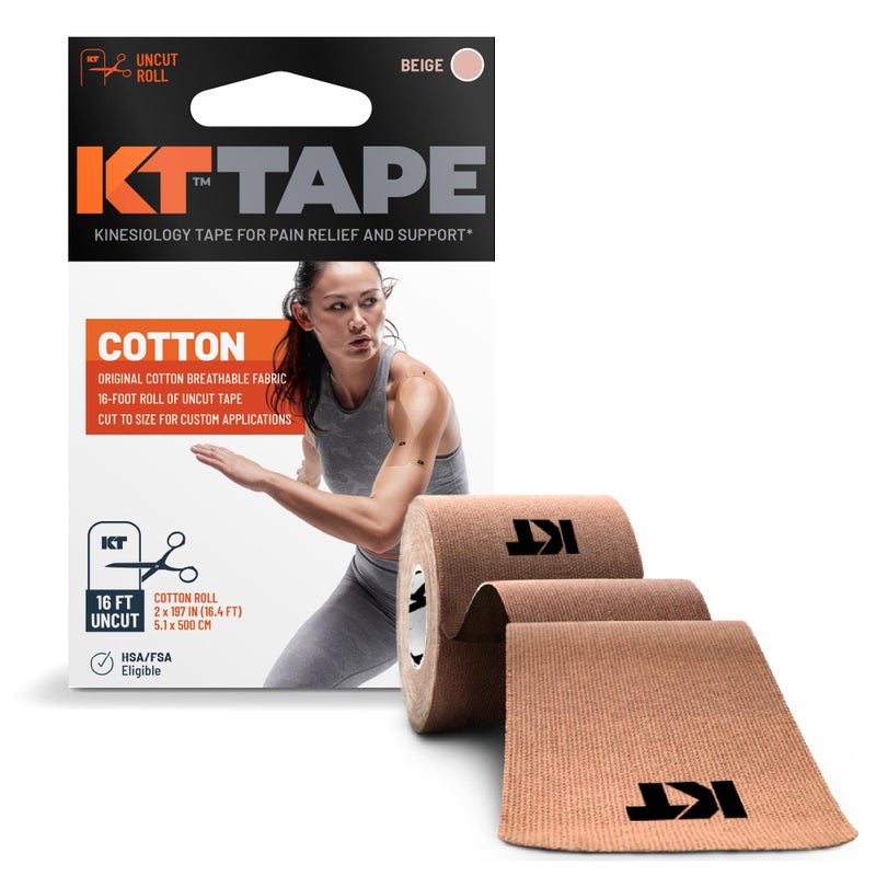 KT TAPE شريط KT، قطن أصلي، شريط كينيسيوولوجي رياضي مرن، 16 قدم لفة غير مقطوعة، بيج - Image 1
