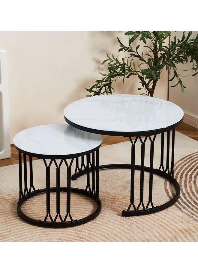 إيه تي إم طقم طاولة قهوة متداخلة عصرية بسطح زجاجي وإطار معدني أسود - 70 × 45 سم - 50 × 38 سم  - Image 1
