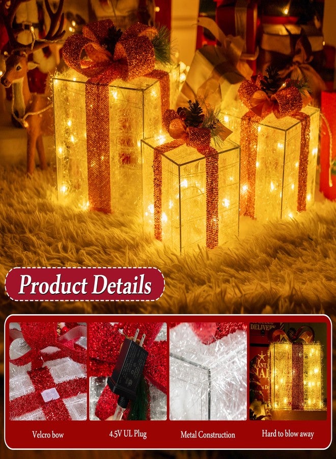 سيني مجموعة زينة عيد الميلاد من سيني، تتكون من 3 صناديق هدايا مضيئة، مزودة بـ 60 مصباح LED أبيض دافئ، وصناديق هدايا مزينة بأضواء للعطلات، للاستخدام الداخلي، في الفناء، المنزل، والحديقة (أقواس حمراء). - Image 2