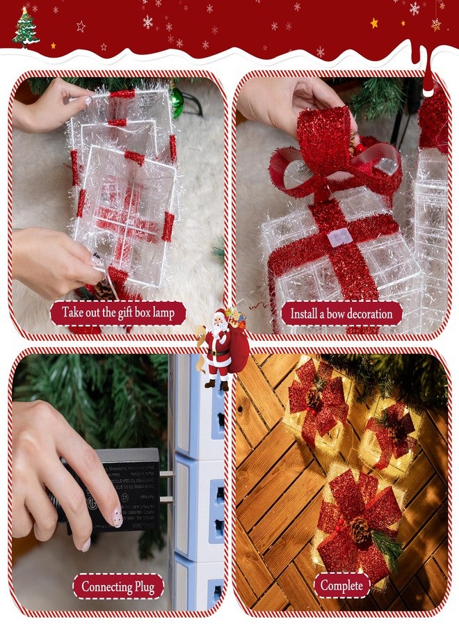 سيني مجموعة زينة عيد الميلاد من سيني، تتكون من 3 صناديق هدايا مضيئة، مزودة بـ 60 مصباح LED أبيض دافئ، وصناديق هدايا مزينة بأضواء للعطلات، للاستخدام الداخلي، في الفناء، المنزل، والحديقة (أقواس حمراء). - Image 4