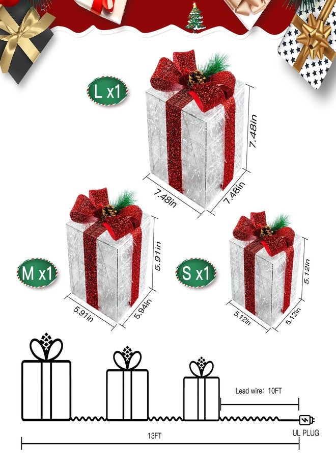 سيني مجموعة زينة عيد الميلاد من سيني، تتكون من 3 صناديق هدايا مضيئة، مزودة بـ 60 مصباح LED أبيض دافئ، وصناديق هدايا مزينة بأضواء للعطلات، للاستخدام الداخلي، في الفناء، المنزل، والحديقة (أقواس حمراء). - Image 3