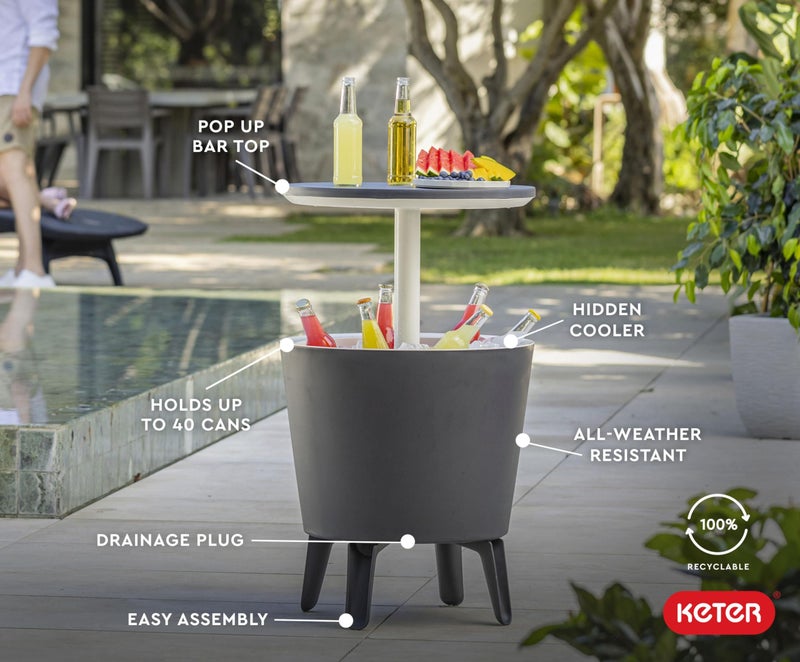 Keter Modern Cool Bar Outdoor Patio Furniture and Hot Tub Side Table with 7.5 Gallon Beer and Wine Cooler, Dark Grey - Image 4