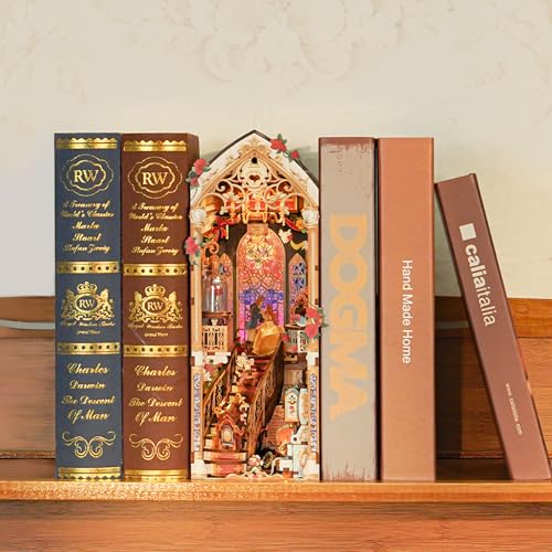 Tonecheer DIY Book Nook Kit for Adults 3D Wooden Puzzle Music Booknook Miniature Dollhouse Fairy Tale Bookend Bookshelf Decor with Dust Cover and LED Lights Gifts Beast and Beauty - Image 5