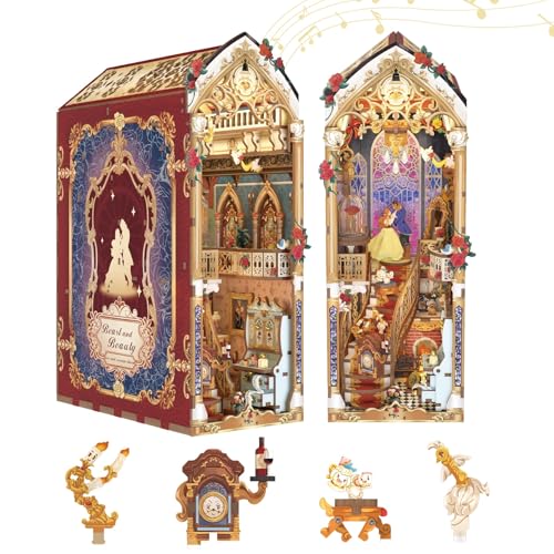 Tonecheer DIY Book Nook Kit for Adults 3D Wooden Puzzle Music Booknook Miniature Dollhouse Fairy Tale Bookend Bookshelf Decor with Dust Cover and LED Lights Gifts Beast and Beauty - Image 1