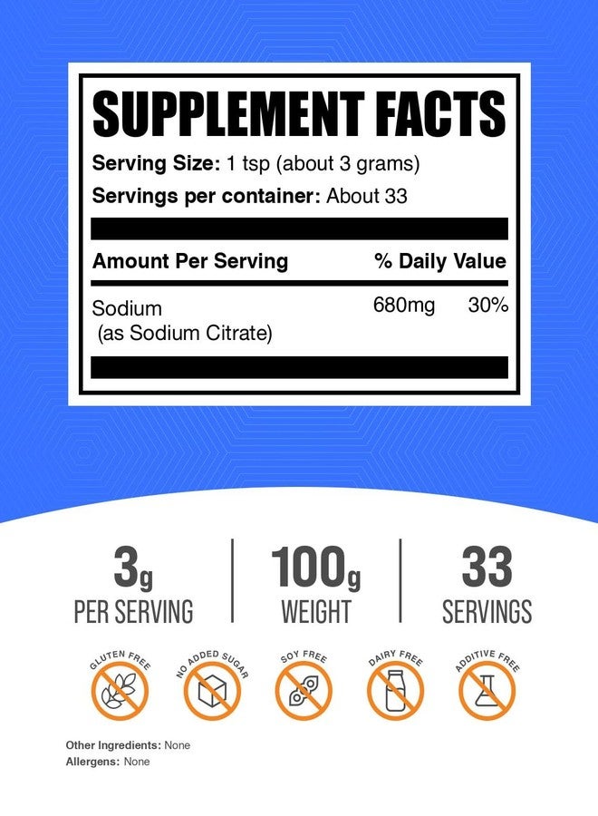 بالك سابلمنتس مسحوق سترات الصوديوم من BulkSupplements.com - سترات الصوديوم من الدرجة الغذائية، مستحلب، محسن للنكهة - خالٍ من الغلوتين، 3 غرام لكل حصة، 100 غرام (3.5 أونصة) (عبوة واحدة) - Image 2