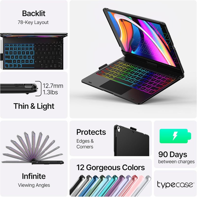 typecase حافظة تايب كيس تاتش لآيباد الجيل التاسع مع لوحة مفاتيح (10.2 بوصة، 2021)، لوحة تتبع متعددة اللمس، إضاءة خلفية بعشرة ألوان، قابلة للدوران 360 درجة، رقيقة وخفيفة للجيل الثامن (2020)، الجيل السابع (2019)، آير 3، برو 10.5 (أسود). - Image 3
