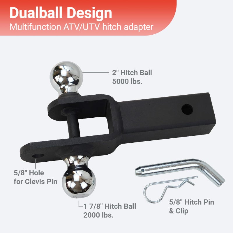 REDTEE ATV/UTV Trailer Hitch - Dual Hitch Balls (1-7/8" & 2"), Fits 2-Inch Receiver, Includes Pin & Clip, 5/8-Inch Clevis Pin Compatible, Matte Black Powder Coat Finish - Image 2