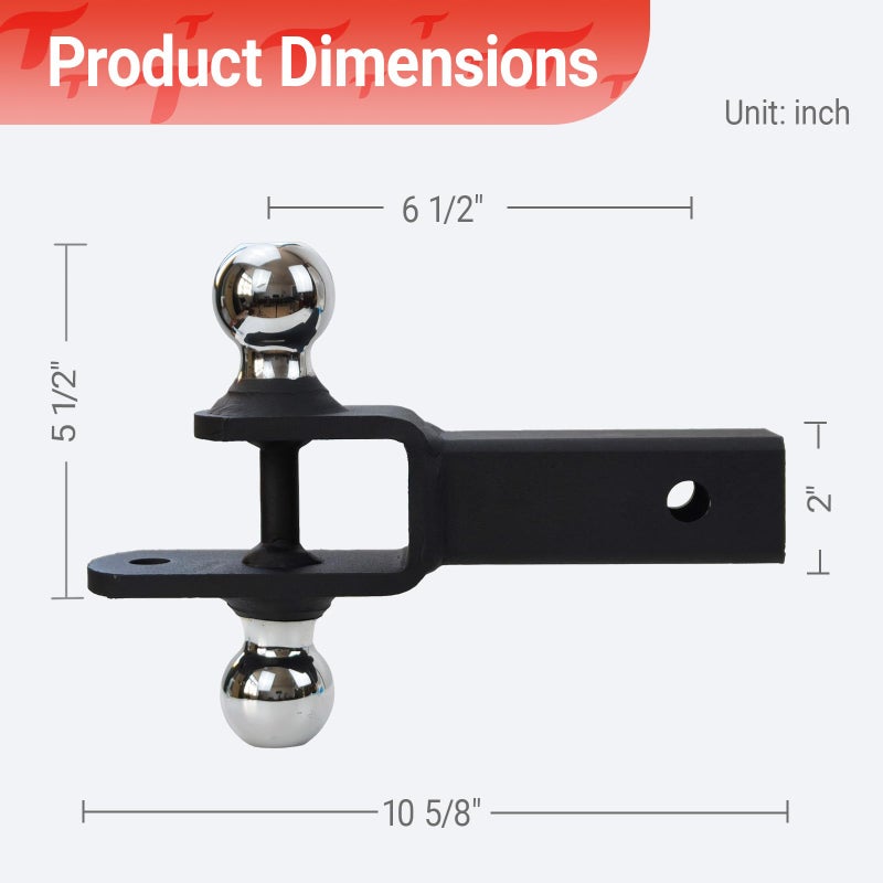 REDTEE ATV/UTV Trailer Hitch - Dual Hitch Balls (1-7/8" & 2"), Fits 2-Inch Receiver, Includes Pin & Clip, 5/8-Inch Clevis Pin Compatible, Matte Black Powder Coat Finish - Image 3