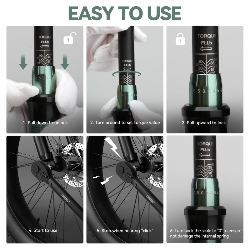 DISEN 9PCS Click Torque Wrench Set 1/4" 3/8" 1/2" Drive 20-220 In.lb, 5-45 Ft.lb, 10-170 Ft.lb with 6 Adapters, Â±3% Accuracy, 72-Tooth, Dual Scale, Storage Case for Bike, Motorcycle, Car, Truck Repair - Image 4