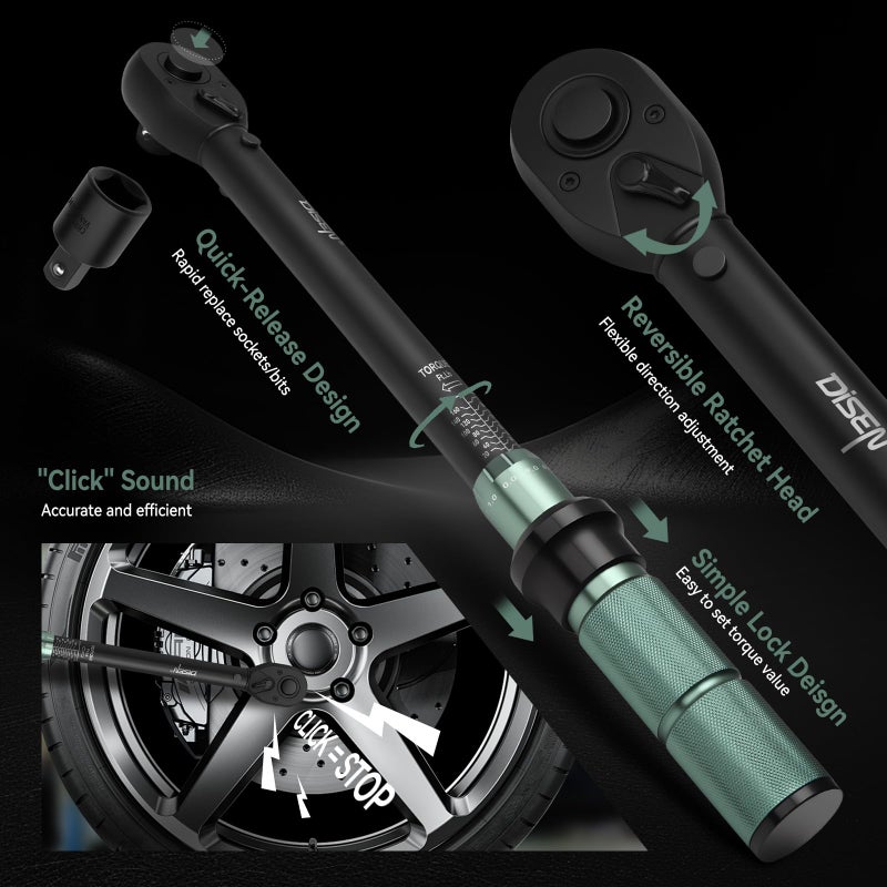 DISEN 9PCS Click Torque Wrench Set 1/4" 3/8" 1/2" Drive 20-220 In.lb, 5-45 Ft.lb, 10-170 Ft.lb with 6 Adapters, Â±3% Accuracy, 72-Tooth, Dual Scale, Storage Case for Bike, Motorcycle, Car, Truck Repair - Image 3