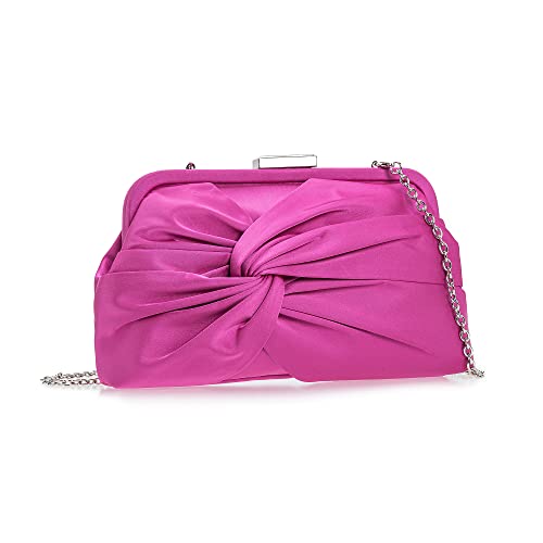 IXEBELLA Evening Purse for Women Dressy Soft Pleated Knot Party Clutch Satin Frame Formal Handbag for Wedding/Prom/Cocktail (Hot Pink) - Image 1