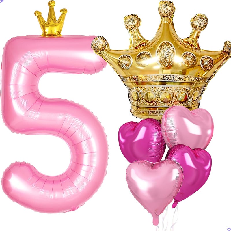 Florisland Princess Peach Birthday Party Decorations  40 Inch Large Pink Crown 5 Balloon For Girls Princess Peach Party Decorations  Party Supplies Favors  Anniversaries(Number 5 Foil Mylar Birthday Balloon) - Image 1