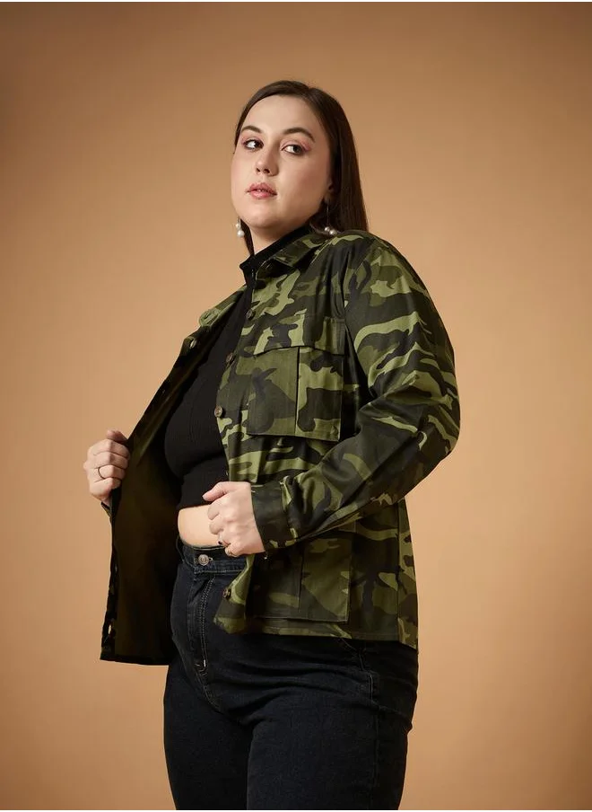 SASSAFRAS Plus Size Camouflage Print Multi Pocket Twill Shacket by Styli