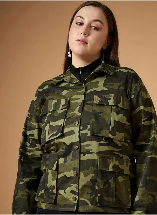 SASSAFRAS Plus Size Camouflage Print Multi Pocket Twill Shacket by Styli