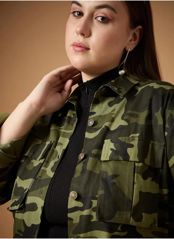 SASSAFRAS Plus Size Camouflage Print Multi Pocket Twill Shacket by Styli