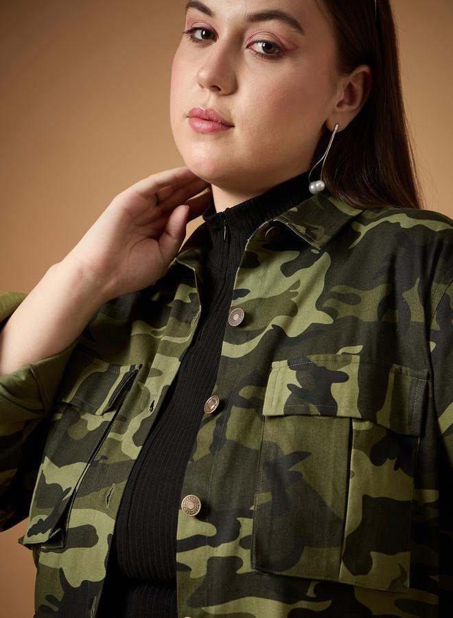 SASSAFRAS Plus Size Camouflage Print Multi Pocket Twill Shacket - Image 4