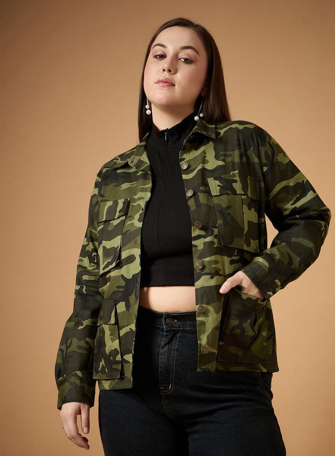 SASSAFRAS Plus Size Camouflage Print Multi Pocket Twill Shacket - Image 2