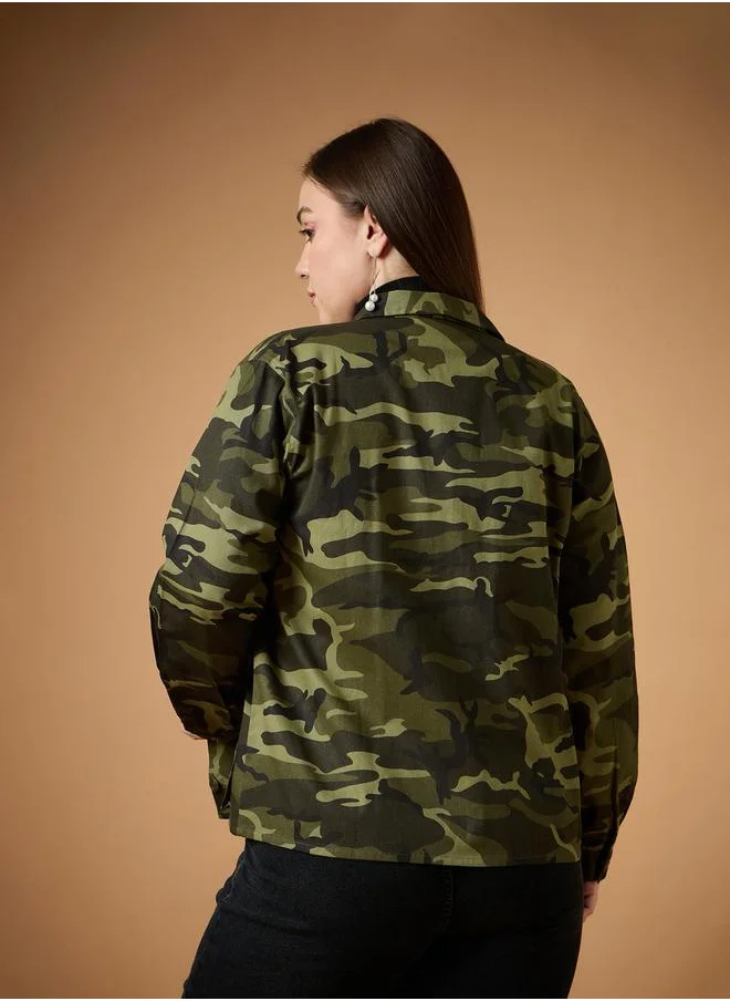 SASSAFRAS Plus Size Camouflage Print Multi Pocket Twill Shacket by Styli