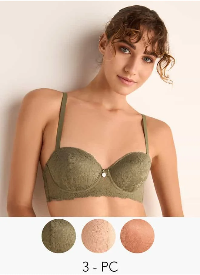 فاف Set of 3 - Lace Detailed Balconette Bra with Hook and Eye Closure
