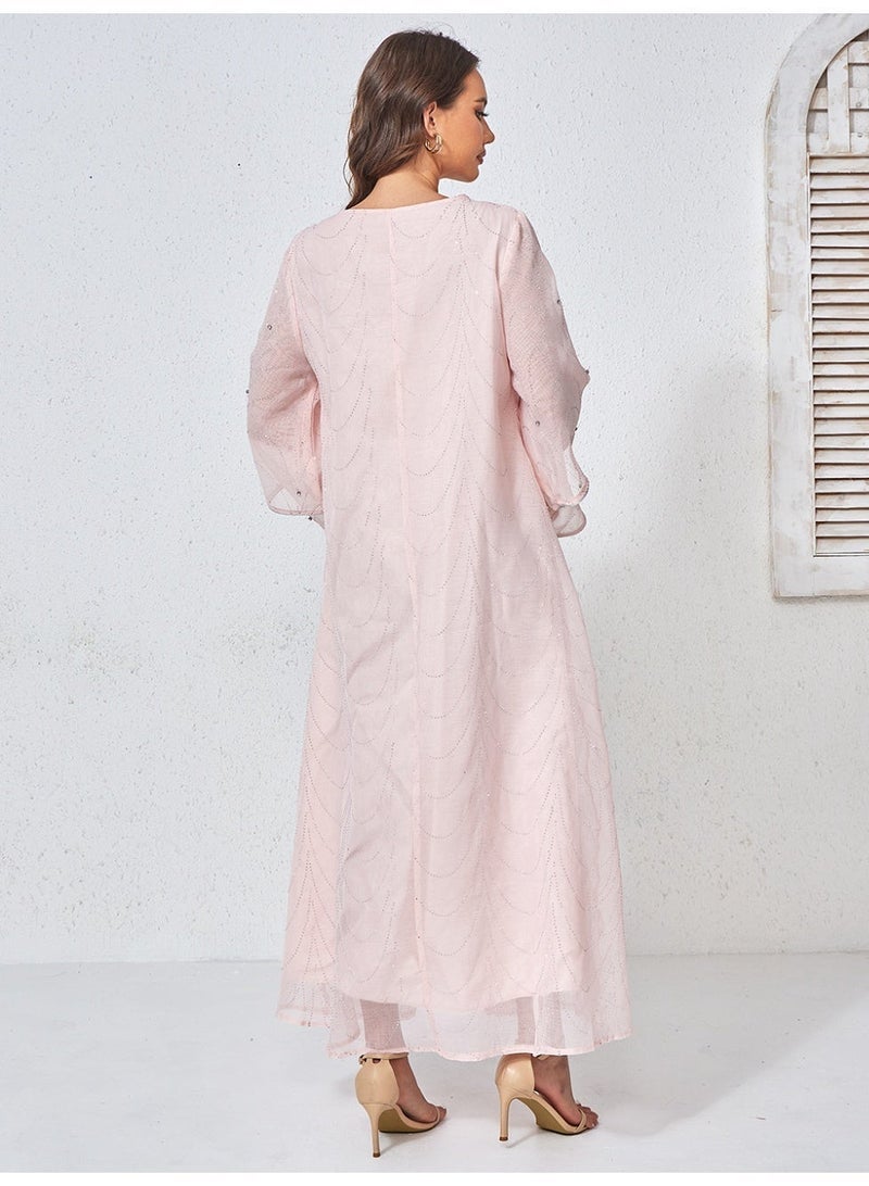 Kaiyuede Luxury Blush Pink Embroidered Maxi Dress for Women | Rhinestone Mesh Overlay Flared Sleeve Modest Evening Gown - Image 2