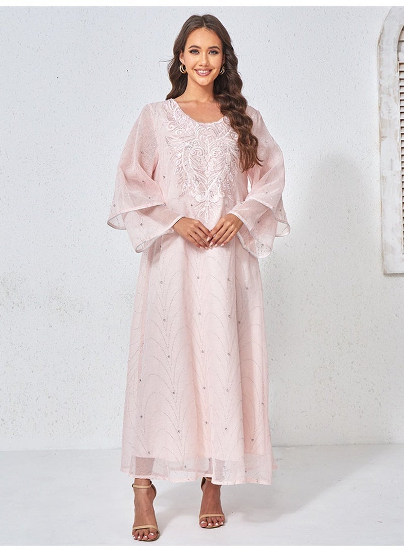 Kaiyuede Luxury Blush Pink Embroidered Maxi Dress for Women | Rhinestone Mesh Overlay Flared Sleeve Modest Evening Gown - Image 3