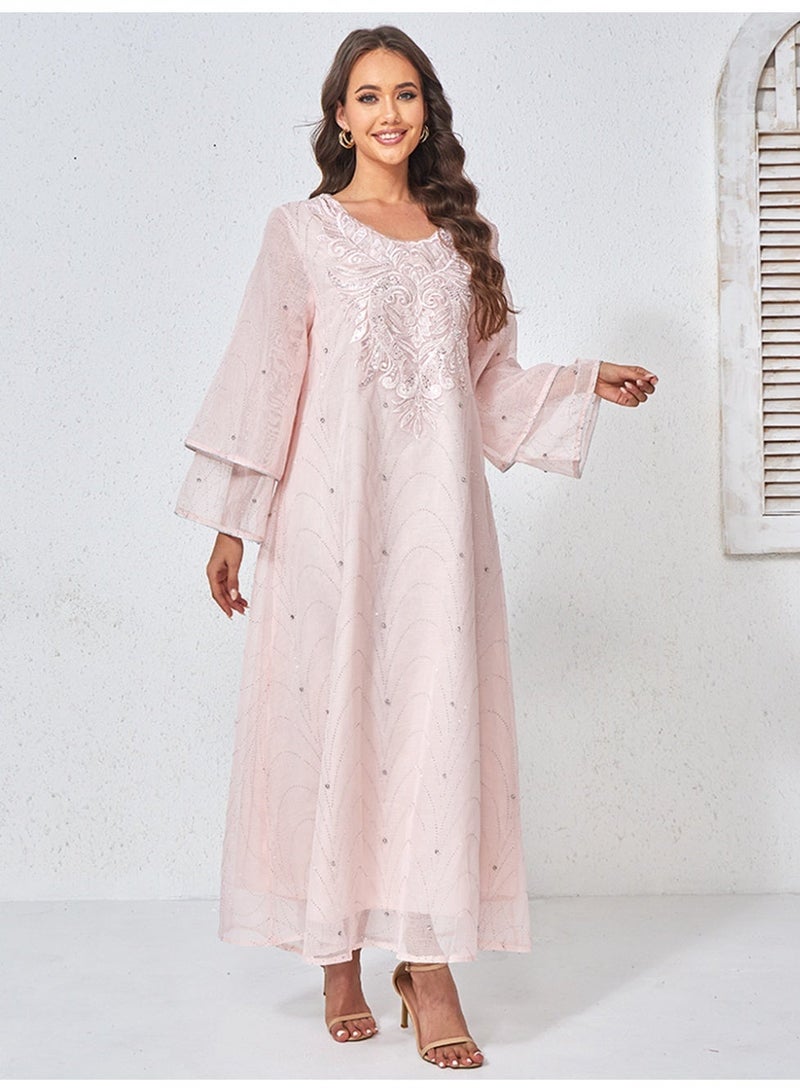 Kaiyuede Luxury Blush Pink Embroidered Maxi Dress for Women | Rhinestone Mesh Overlay Flared Sleeve Modest Evening Gown - Image 1