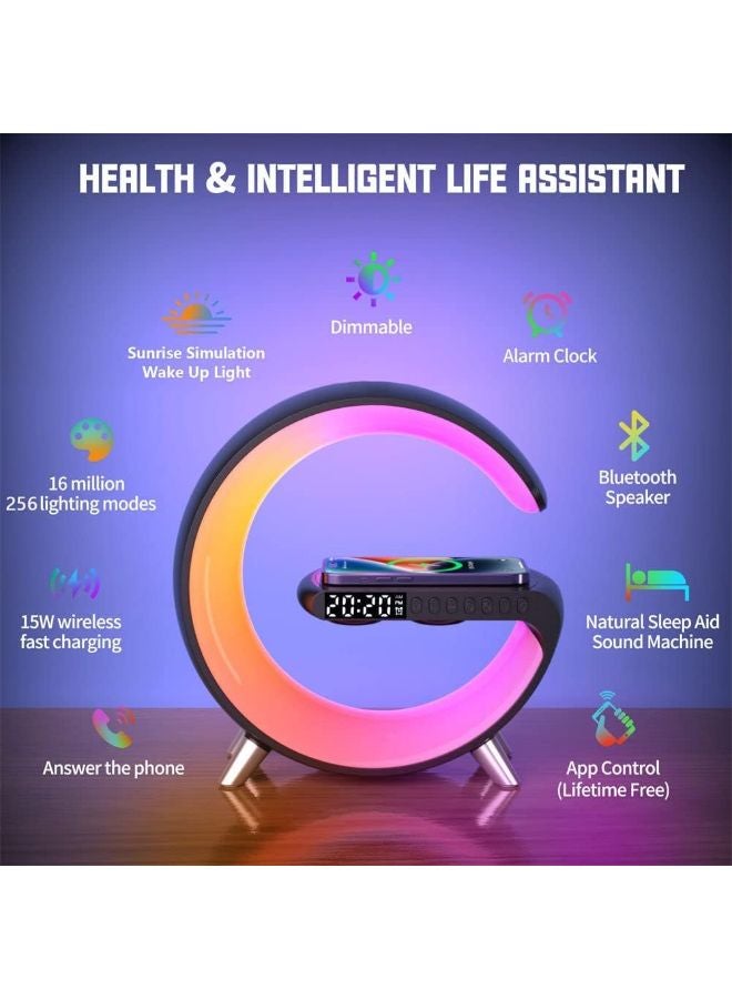 BUYCO شاحن لاسلكي مصباح جوي مكبر صوت بلوتوث محمول ساعة رقمية منبه ضوء متغير الألوان - Image 4