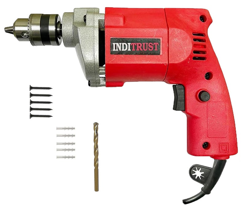 Inditrust Dumdaar 6-Month Warranty 350w 10mm RED Electric drill machine 100% Copper Winding with 1pc masonry bit 5pc Gitti 5pc Pech set for drilling in wood, metal, plastic - Image 1