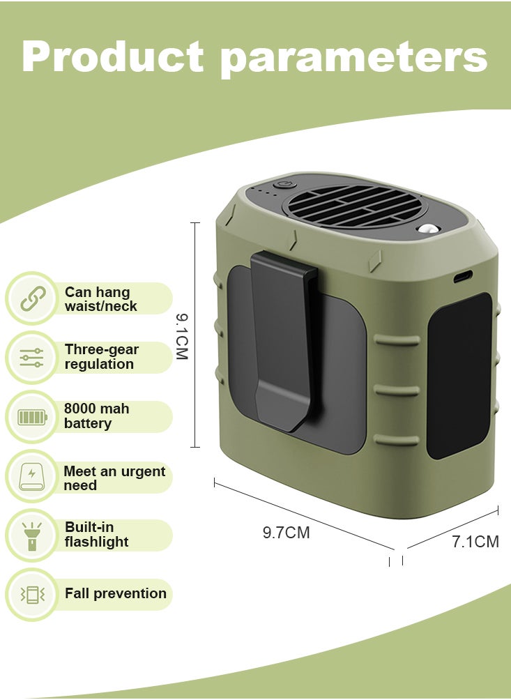 3-in-1 Portable Waist Clip Fan with 8000mAh Power Bank and LED Flashlight - USB Rechargeable Handheld Cooling Device for Outdoor Adventures
