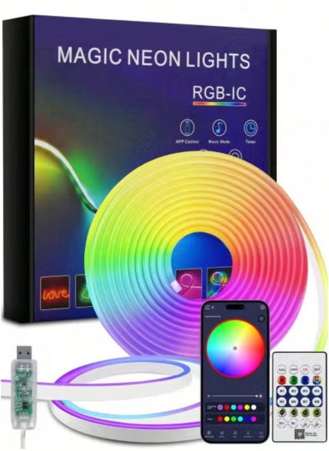 LED Neon RGB Magic Light 5M Bluetooth LED Strip – Flexible, Color-Changing Smart LED Lights with App & Remote Control | Customizable Ambiance Lighting for Home, Bedroom, Party, Gaming Setup & Décor | Easy to Install & Energy Efficient