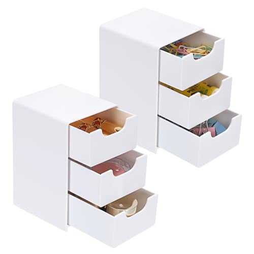 BTSKY 2 Pack Small Acrylic Storage Organizer with Drawers, 3-Layer White Desktop Organizer for Office Supplies Mini Storage Box with Drawers for Desk, Desktop Makeup Drawer Jewelry Storage Box - Image 1