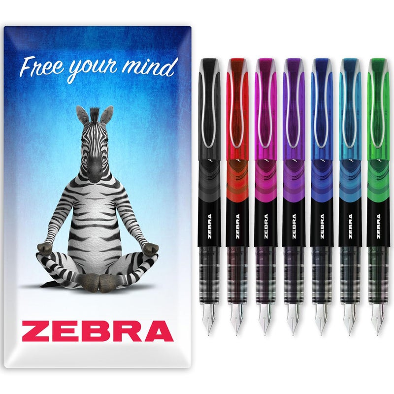 Zebra Pen Zebra Fuente Pen - Disposable Fountain Pens - Pack of 7 - Black, Red, Pink, Violet, Blue, Light Blue & Green - In Zebra Cardboard Gift Box - Image 1