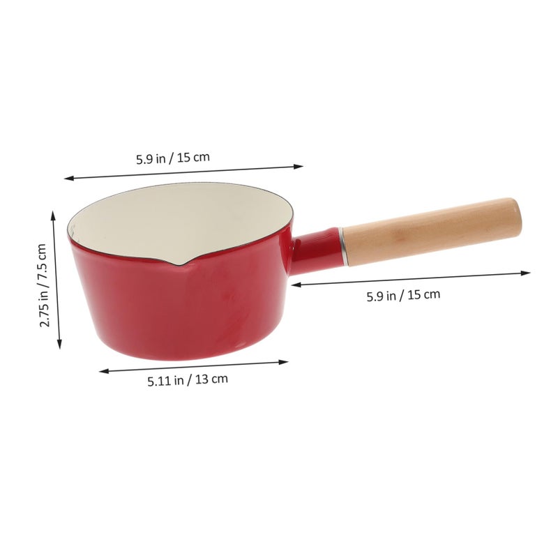 Red Enamel Non Stick Milk Saucepan 1000ml Thickened Base Long Wooden Handle Cooking Pot - Image 3