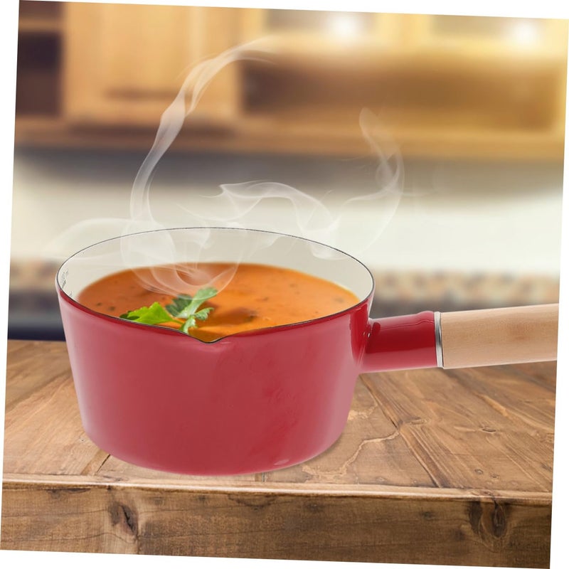 Red Enamel Non Stick Milk Saucepan 1000ml Thickened Base Long Wooden Handle Cooking Pot - Image 5