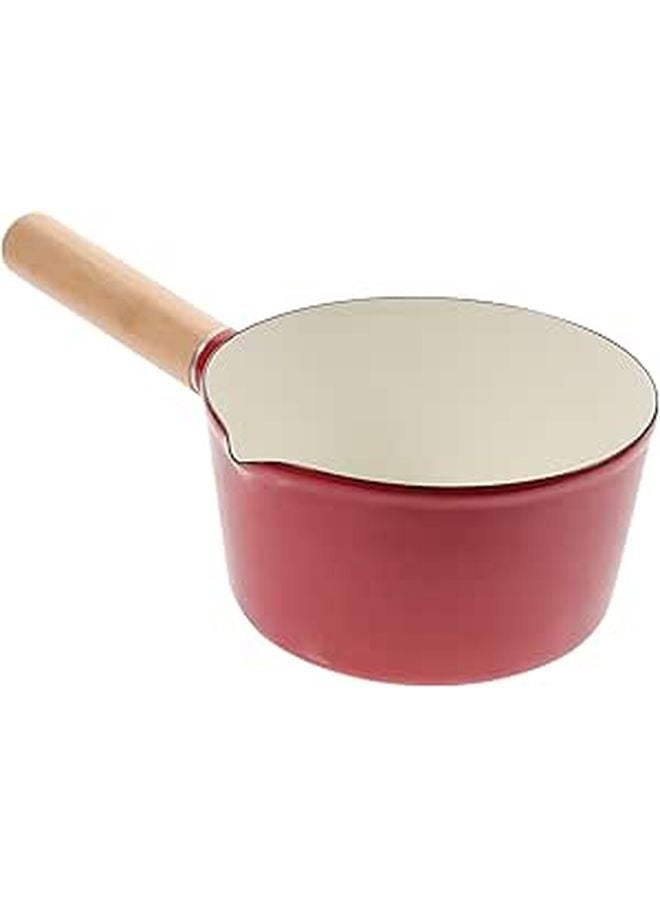 Red Enamel Non Stick Milk Saucepan 1000ml Thickened Base Long Wooden Handle Cooking Pot - Image 1