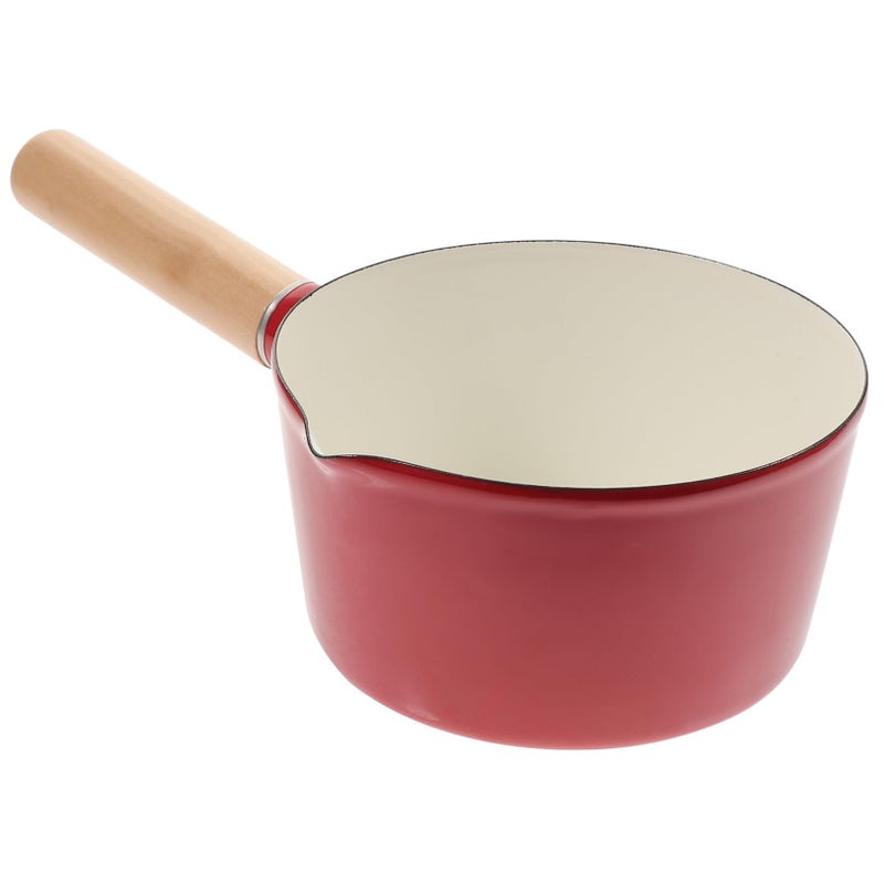 Red Enamel Non Stick Milk Saucepan 1000ml Thickened Base Long Wooden Handle Cooking Pot - Image 2