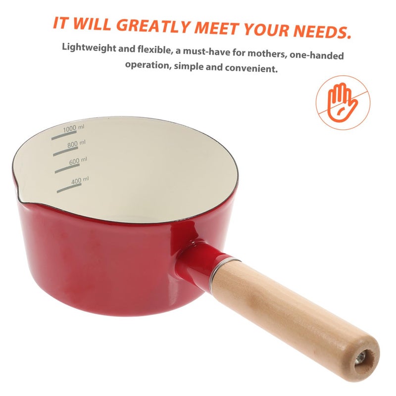 Red Enamel Non Stick Milk Saucepan 1000ml Thickened Base Long Wooden Handle Cooking Pot - Image 4