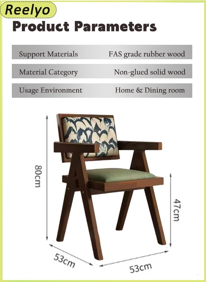 Reelyo Solid Wood Mid Century Modern Accent Chair Rubberwood Frame Armchair With French Style Rattan And Feather Patterns Velvet Backrest And Green Seat Cushions High-Density Foam Design Formaldehyde-Free Adhesive Perfect For Home Office Living Room And Dining Room / Cafes And Restaurants For Commercial Use, Brown - Image 2