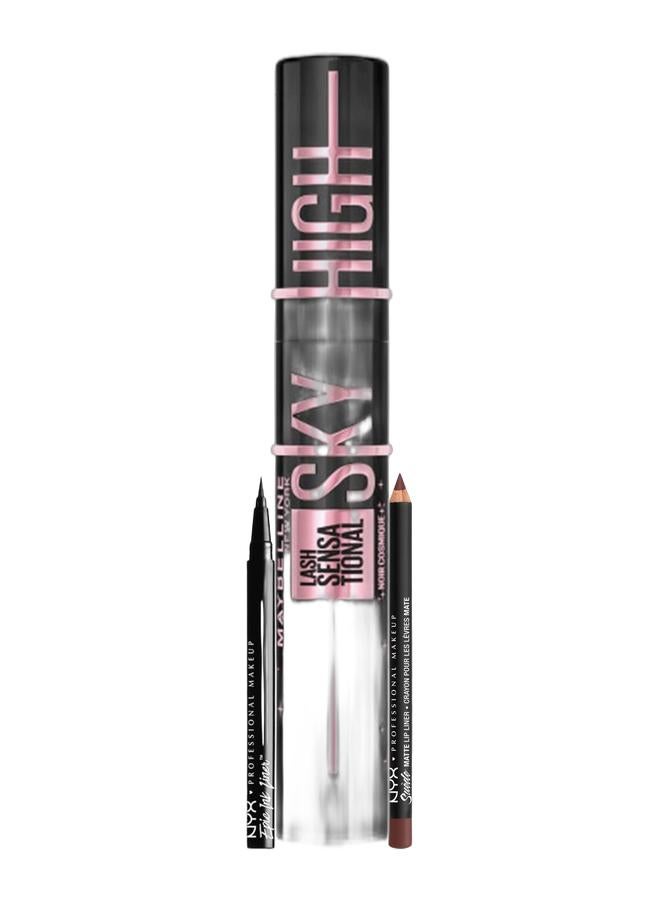 MAYBELLINE NEW YORK LASH SENSATIONAL SKY HIGH MASCARA, COSMIC BLACK, LENGTHENING, VOLUMIZING, +2MM LENGTH ON ASIAN LASHES & Suede Matte Lip Liner Cold Brew & Epic Ink Liner, Waterproof Liquid Eyeliner, Vegan Formula Black Bundle - Image 1