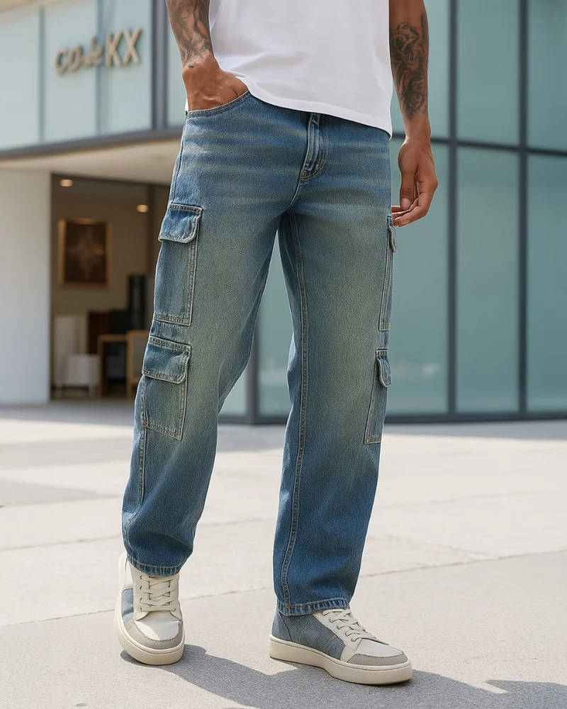 بيواكوف Men's Sky Blue Baggy Fit Washed Cargo Mid-Rise Jeans