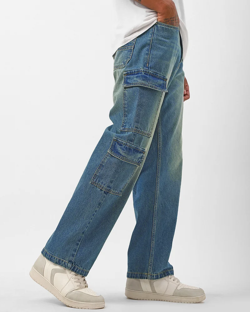 بيواكوف Men's Sky Blue Baggy Fit Washed Cargo Mid-Rise Jeans