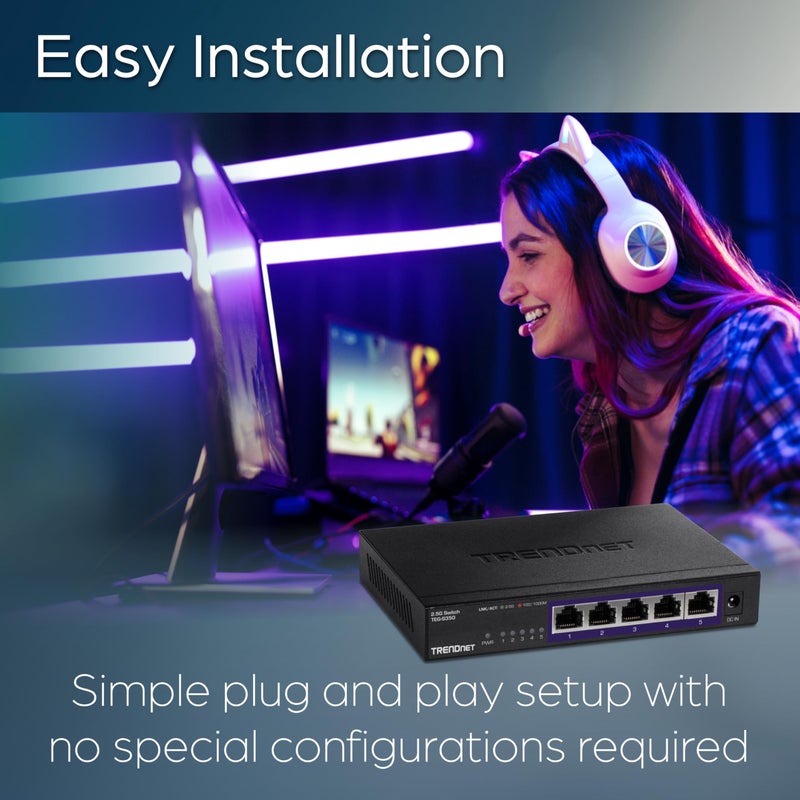 TRENDnet 5-Port Unmanaged 2.5G Gaming Switch, TEG-S350, 5 x 2.5GBASE-T Ports, 25Gbps Switching Capacity, Ethernet Splitter, NDAA & TAA Compliant, Fanless, Wall Mountable, Lifetime Protection, Black - Image 2