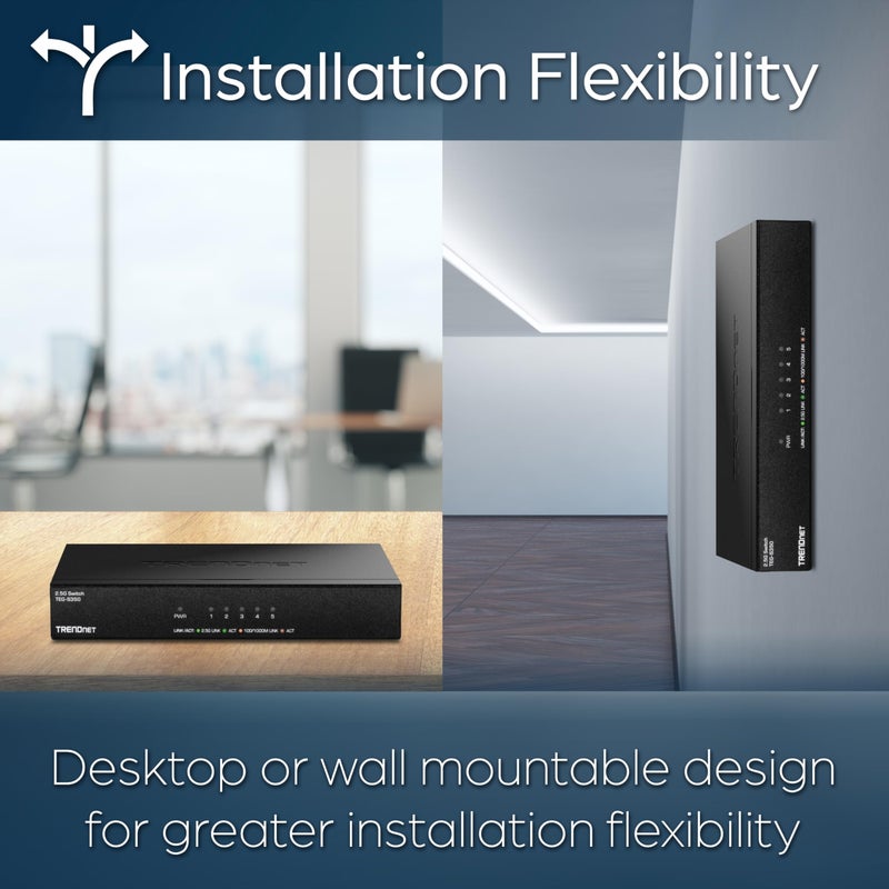 TRENDnet 5-Port Unmanaged 2.5G Gaming Switch, TEG-S350, 5 x 2.5GBASE-T Ports, 25Gbps Switching Capacity, Ethernet Splitter, NDAA & TAA Compliant, Fanless, Wall Mountable, Lifetime Protection, Black - Image 4