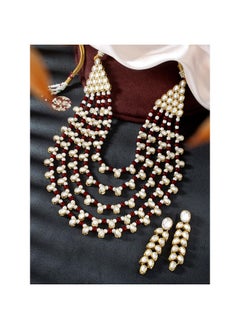 PEORA Peora Gold Plated Maroon White Pearl Kundan Layered Necklace Earring Jewellery Set For Unisex Adult  - Image 2