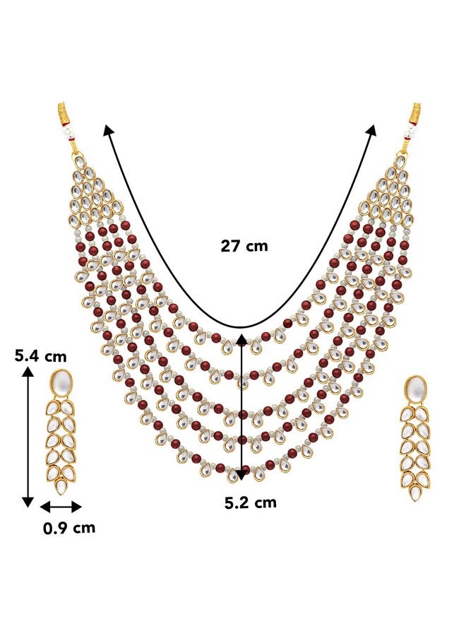 Peora Gold Plated Maroon White Pearl Kundan Layered Necklace Earring Jewellery Set For Unisex Adult - Image 5