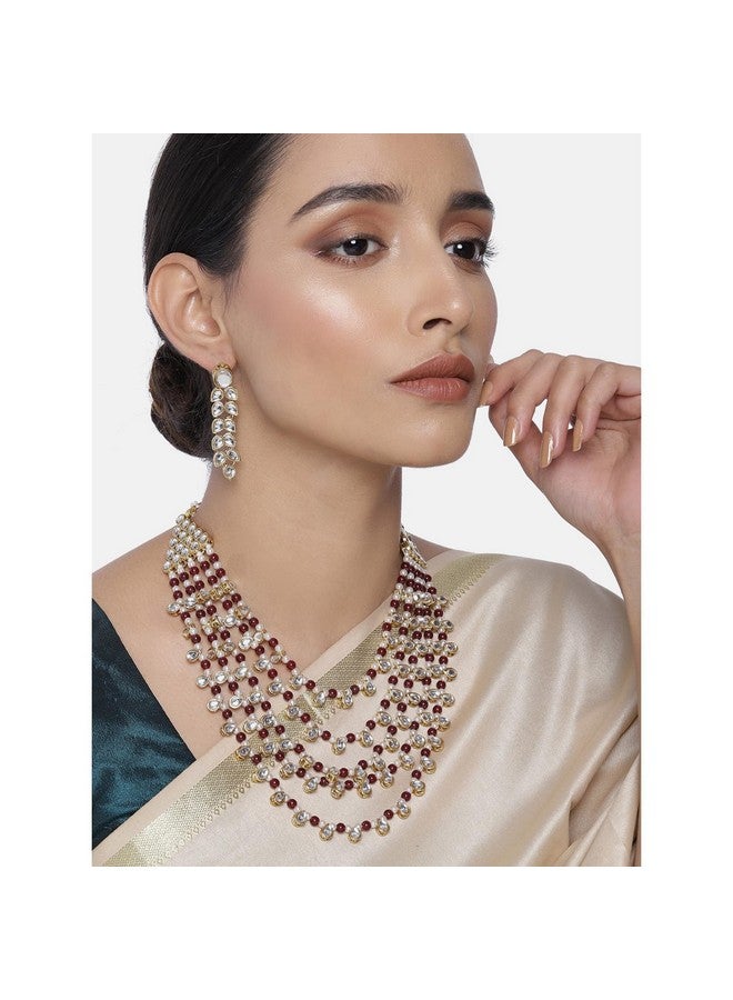 Peora Gold Plated Maroon White Pearl Kundan Layered Necklace Earring Jewellery Set For Unisex Adult - Image 3