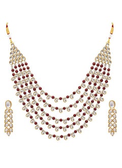 PEORA Peora Gold Plated Maroon White Pearl Kundan Layered Necklace Earring Jewellery Set For Unisex Adult  - Image 4