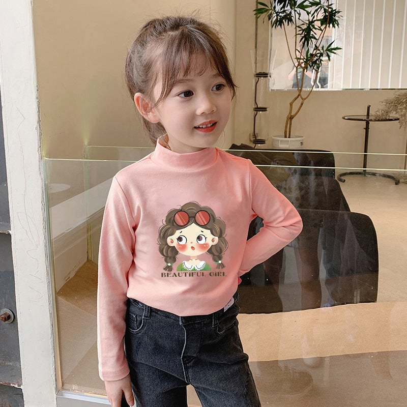 Children'S Base Shirt Half-High Collar Girl'S White Baby'S Long-Sleeved T-Shirt De-Velvet Base T-Shirt - Image 1