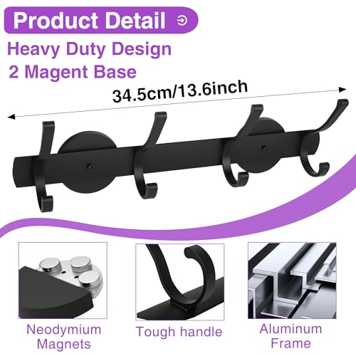 Haikole Magnetic Coat Hooks Heavy Duty - Scratch-Free Metal Cabinet Hook,4-Hook Strong Rubber Magnetic Hanger for Refrigerator,Metal Cabinet,Hanging Coat, Towel, Bag, Backpack (Black 1PCS) - Image 2
